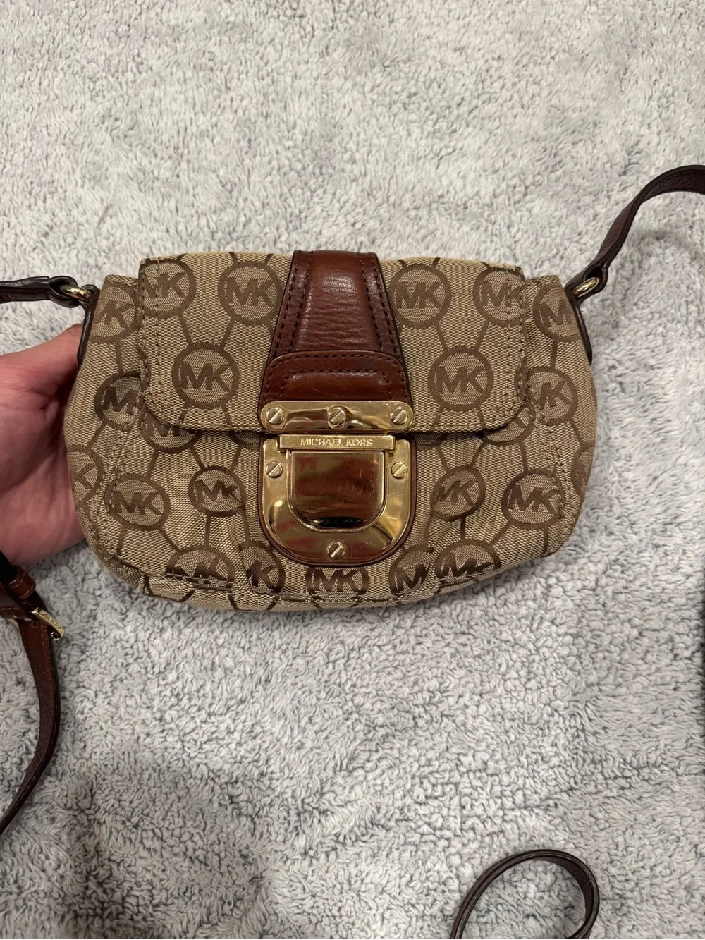 Michael Kors Beige and Brown Logo Crossbody with Gold Hardware